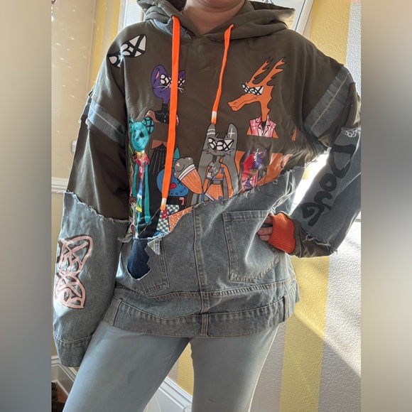 Tops - Graphic Patchwork Hoodie with Orange Accents